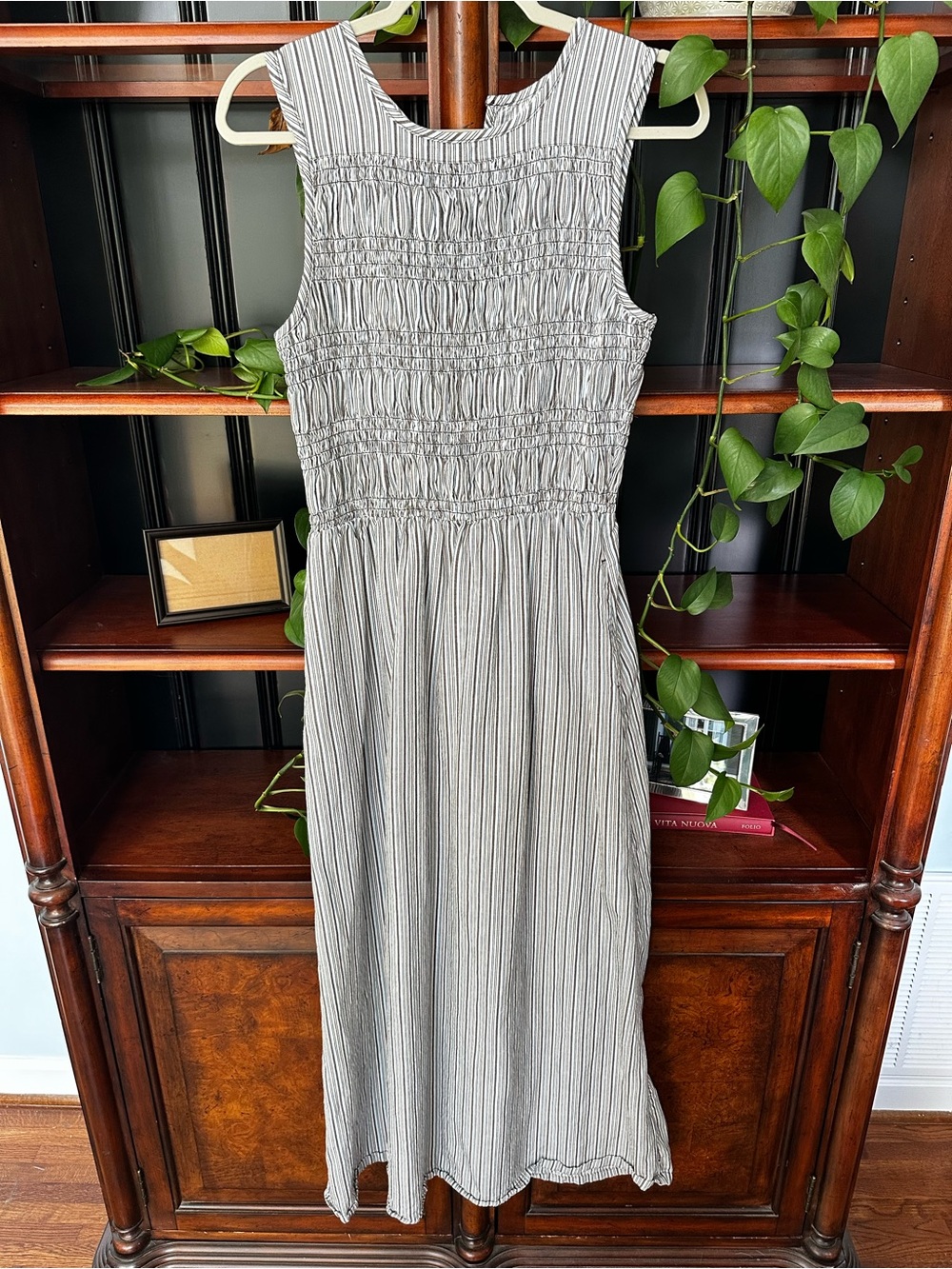 AFENDS Blue White Gray/Brown Striped Midid Dress Size M